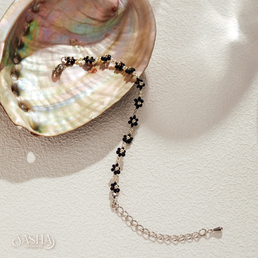 黑色x銀 花花手鏈