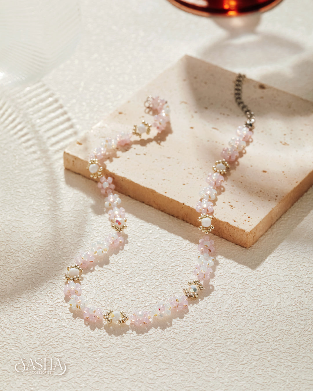 淡粉紅x白 花海項鏈