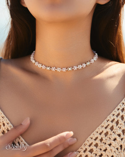 淡粉紅x白 花海項鏈